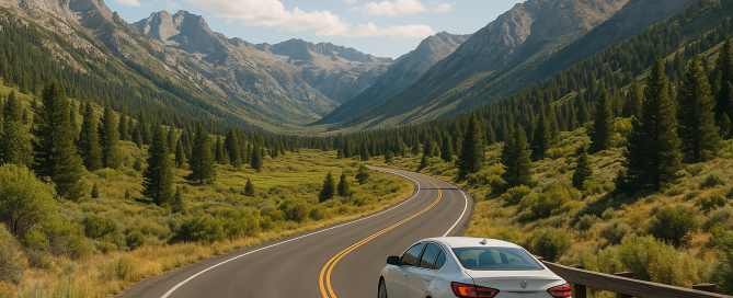 White car drives along a winding scenic highway in Elko County's Ruby Mountains, surrounded by pine trees and rugged granite peaks under a sunny sky.